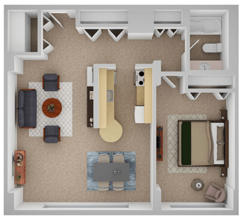 Floor plan for 1 bed, 1 bath, 789 sqft